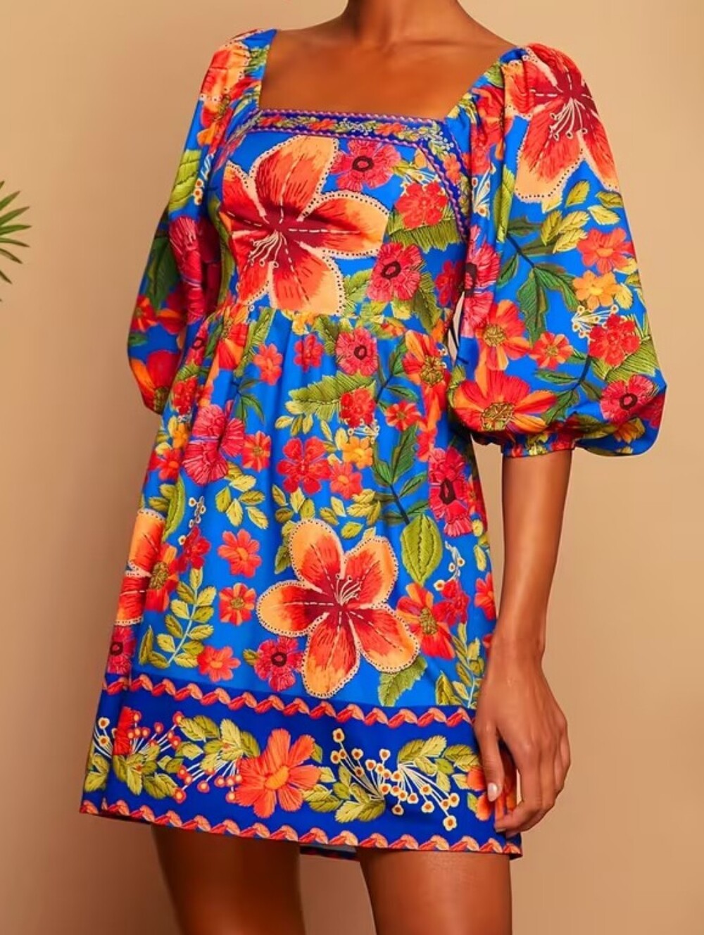 New Summer Square Neck Puff Sleeve Tropical Floral Dress - Picture 1 of 2